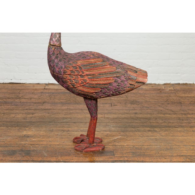 Indonesian Hand Carved Heron Sculpture with Purple, Orange and Black Tones For Sale - Image 12 of 13
