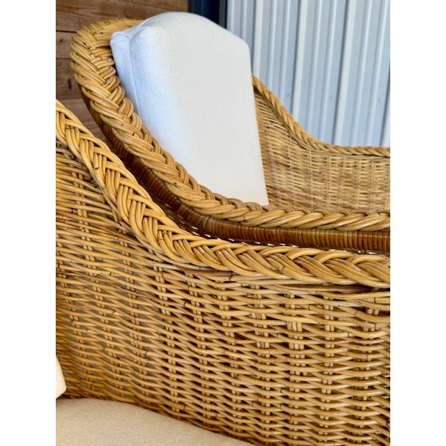 Pair of Vintage Michael Taylor Style Braided Rattan Wicker Lounge Side Armchairs For Sale - Image 10 of 12