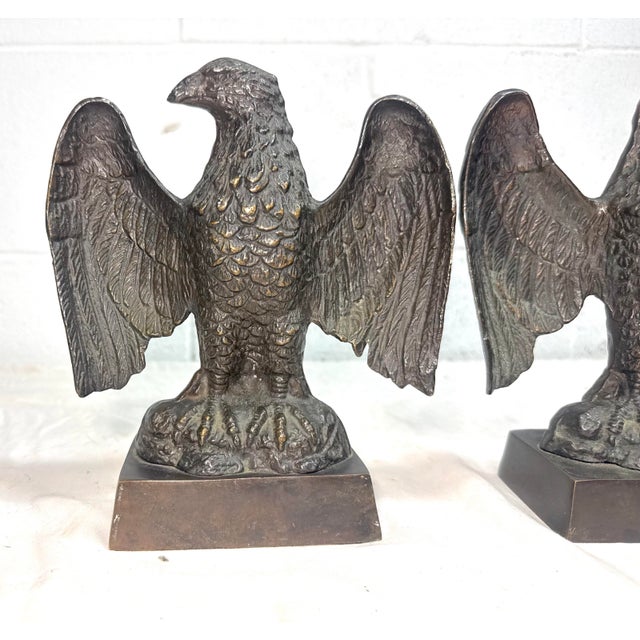 Pair of Vintage Solid Bronze Realistic Open Winged American Bald Eagle Bookends For Sale - Image 4 of 12