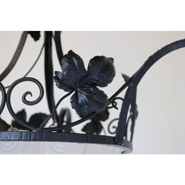 Antique French Art Deco Geometric Wrought Iron and Frosted Glass Chandelier, 1930 For Sale - Image 14 of 15