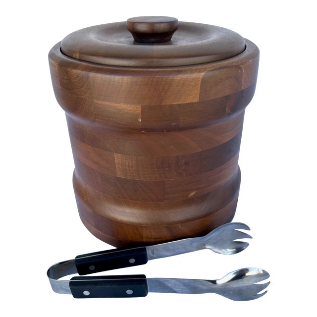 Vintage Walnut Ice Bucket W/Tongues For Sale