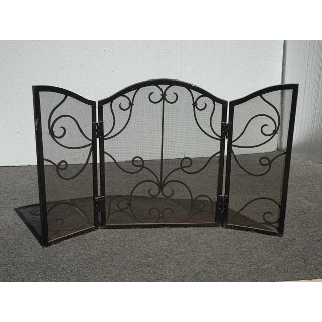 Vintage French Country Spanish Style Heavy Three Panel Black Fireplace Screen For Sale - Image 12 of 12
