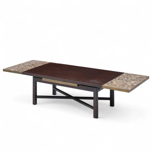 Mid-Century Modern Edward Wormley for Dunbar Mid Century Walnut Stone and Brass Expanding Coffee Table For Sale - Image 3 of 10