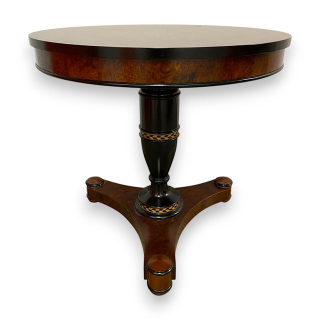 Regency-Style Burl Walnut & Ebony Pedestal Center Table With Marquetry Inlay - Refinished For Sale - Image 10 of 10