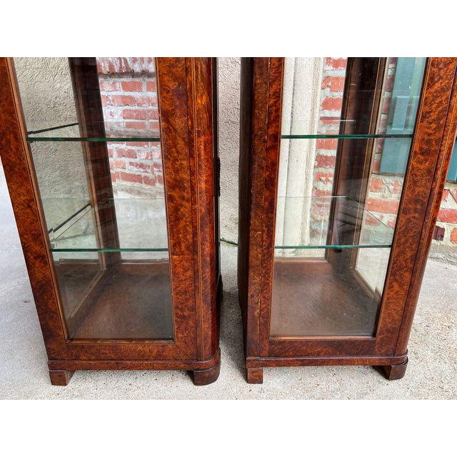 Brown Pair Antique French Glass Vitrine Display Cabinets Burl Mahogany Mirror C1900 For Sale - Image 8 of 18