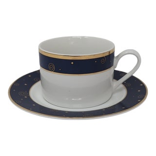 Sakura Star Light Coffee Tea Cup Saucer Porcelain Blue Gold Celestial Hallmark For Sale
