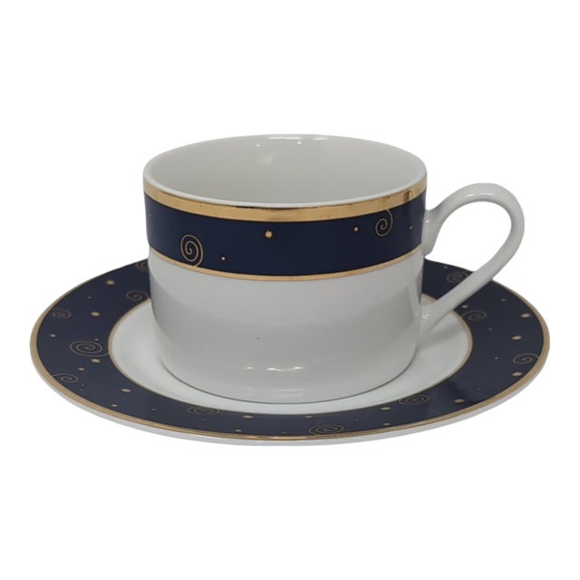 Sakura Star Light Coffee Tea Cup Saucer Porcelain Blue Gold Celestial Hallmark For Sale