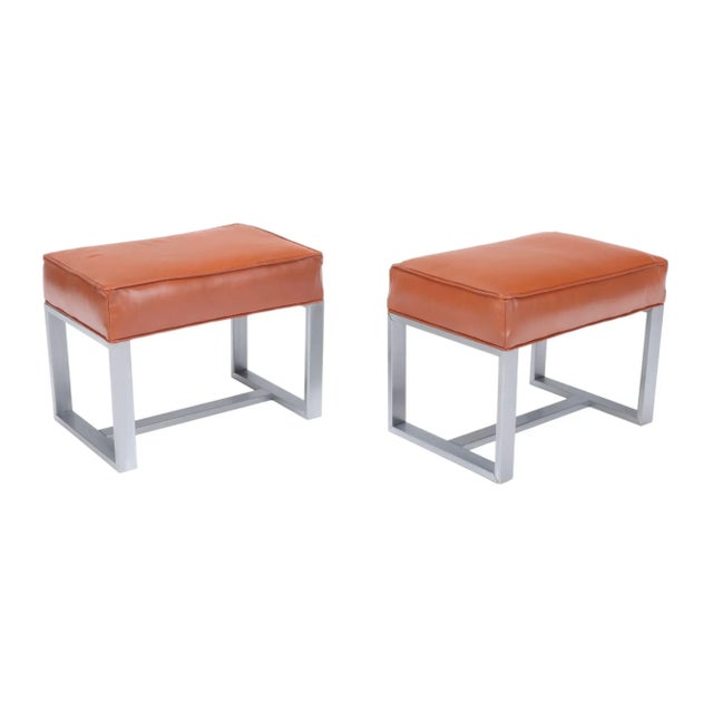 Pair of Chrome and Leather Covered Stools or Benches For Sale In Philadelphia - Image 6 of 6