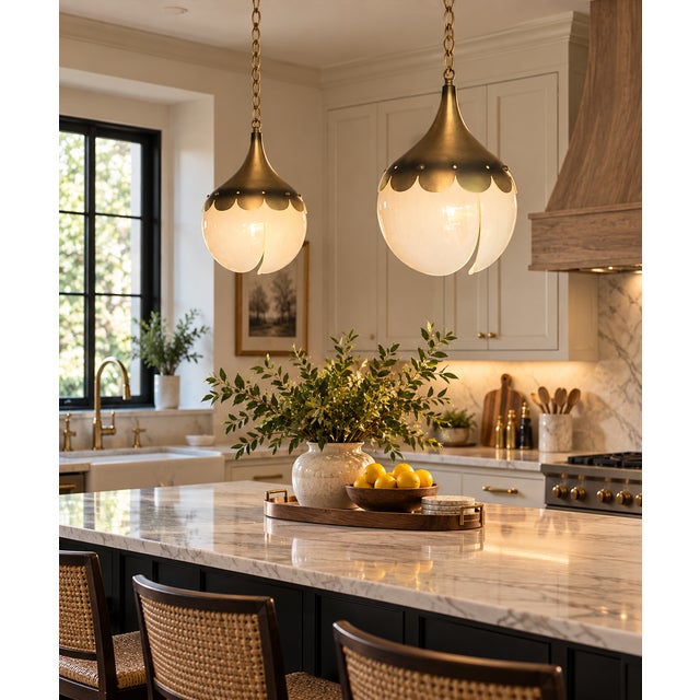 Vintage Tulip Glass & Brass Hanging Pendant Lights, Pair A striking matching pair of vintage hanging pendant lights...