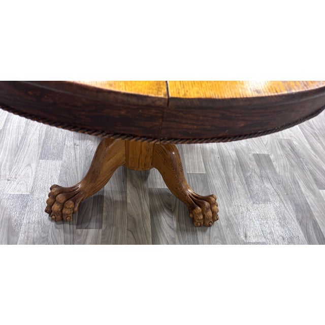 Antique Victorian 48 Inch Round Tiger Oak Claw Foot Pedestal Dining Table For Sale - Image 14 of 15