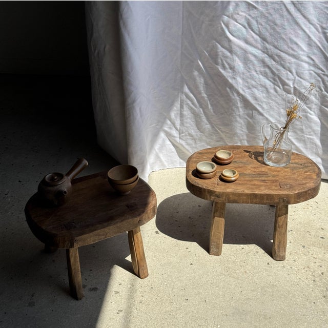 Small stool, oval solid teak accent stool with a two-tone wabi-sabi seat. Minimalist, raw design; a beautiful piece...