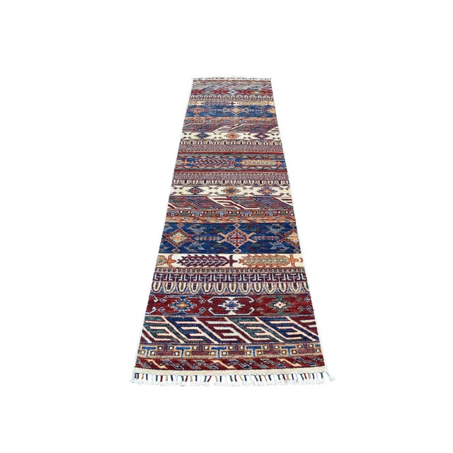 Textile Khorjin Design Runner Blue Kazak Tribal Pure Wool Hand Knotted For Sale - Image 7 of 7