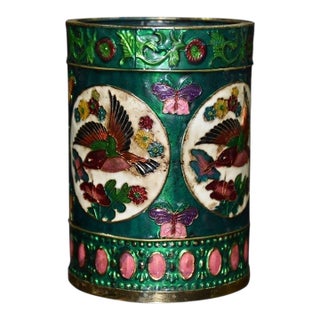 1960s Enamel Brush Pot With Bird and Flower Motif For Sale