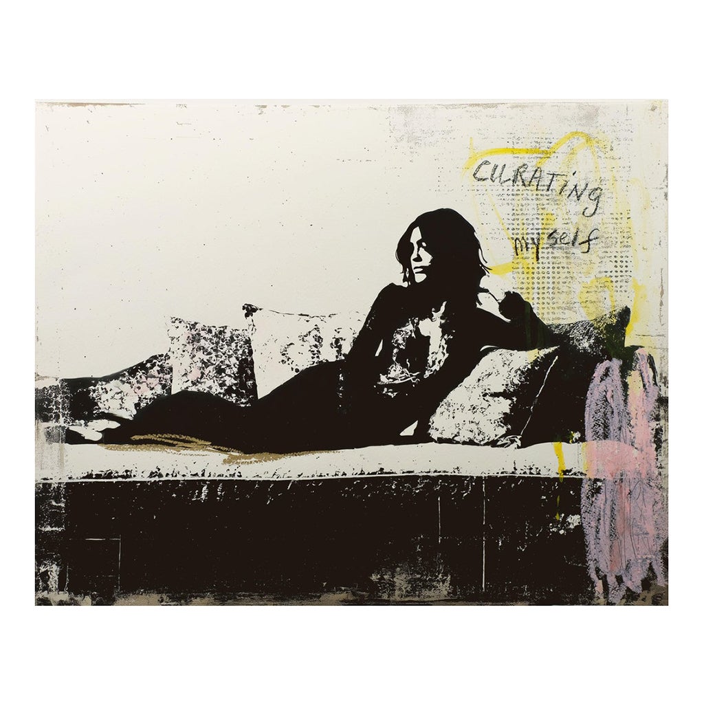 Curating Myself- Humorous Woman Lounging With Text- Embellished Giclee ...