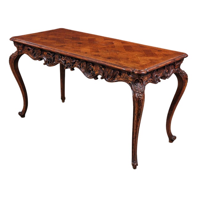 19th Century French Louis XV Carved Solid Oak Parquetry Bureau Plat Writing Desk For Sale