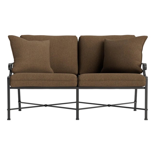 Brown Jordan Venetian Loveseat, Textured Pewter frame with Fusion Moccasian fabric For Sale