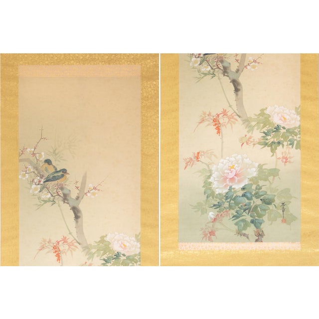 Japanese Showa Era Oda Hideaki, "Peonies and Blue Birds" Japanese Silk Scroll Painting For Sale - Image 3 of 15