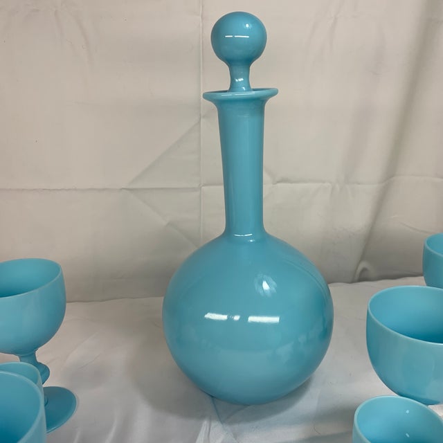 Antique French Portieux Vallerysthal Blue Opaline Glass Decanter & 9 Goblet Set For Sale In Chicago - Image 6 of 7