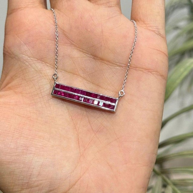 2.81 Ct Double Row Ruby Bar Necklace Pendant in Sterling Silver - Caratandher For Sale - Image 10 of 15