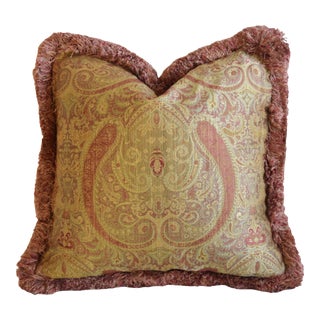 French Silk Damask Fleur-De-Lis Feather/Down Pillow W/ Fancy Trim 20" Square For Sale