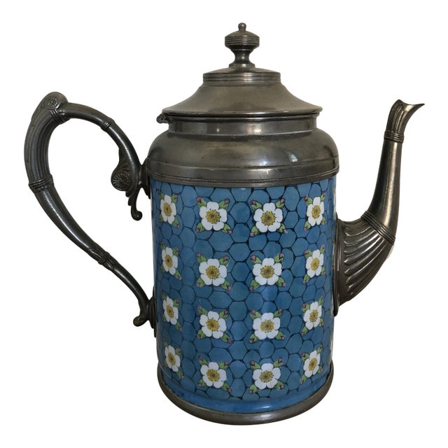 Antique PewterTrimmed Blue & White Apple Blossom Graniteware