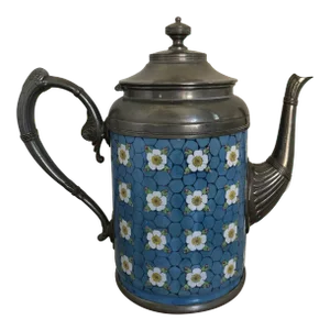 Antique Pewter-Trimmed Blue & White Apple Blossom Graniteware Enamelware Teapot