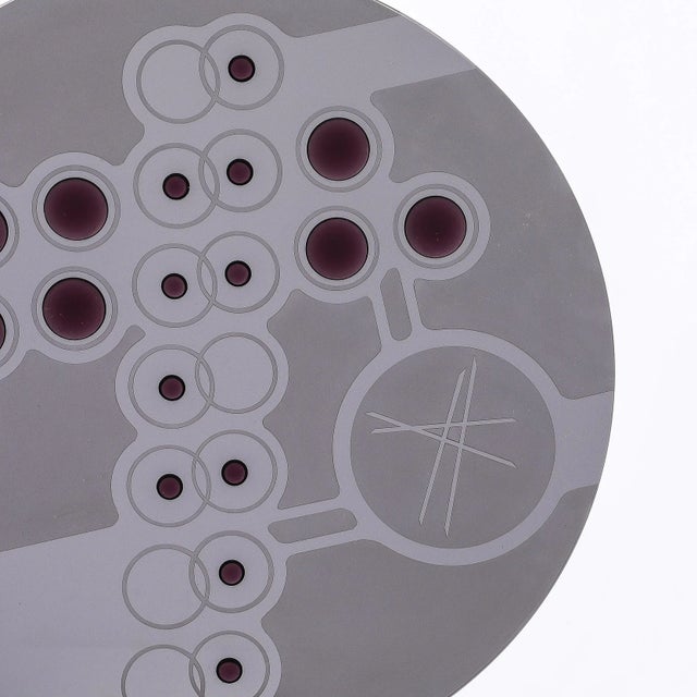 Mid-Century Abstract Smoked Glass Frosted Detailed Disc Sculpture Signed T Saul For Sale - Image 12 of 15