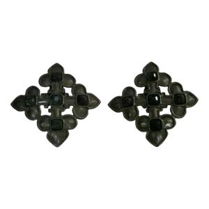 1970s Karl Lagerfeld Hematite Large Open Work Black Cut Crystal Earrings, 2 Pieces