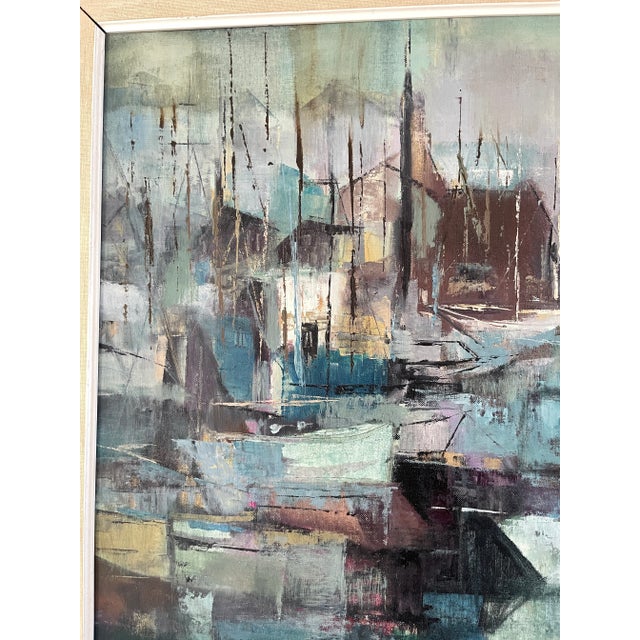 1960s Vintage Harbor Scene Jean Kalisch Abstract Painting Oil on Board For Sale - Image 9 of 12