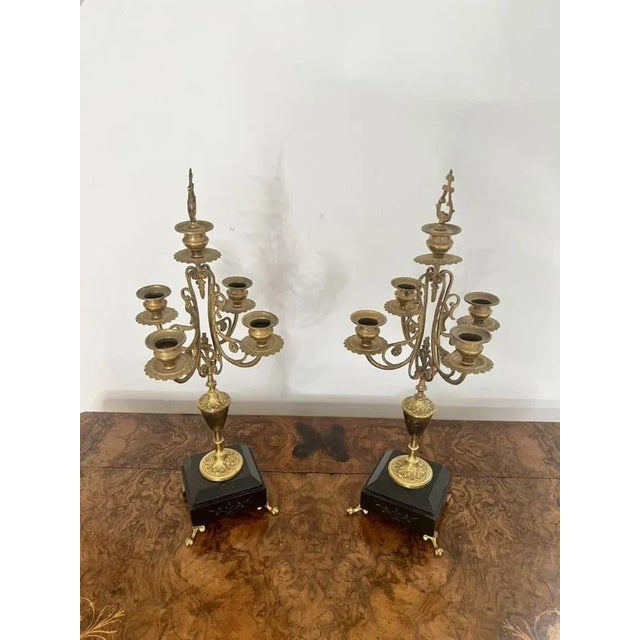 Pair of antique Victorian quality brass and marble candelabras having a quality pair of antique Victorian ornate brass...