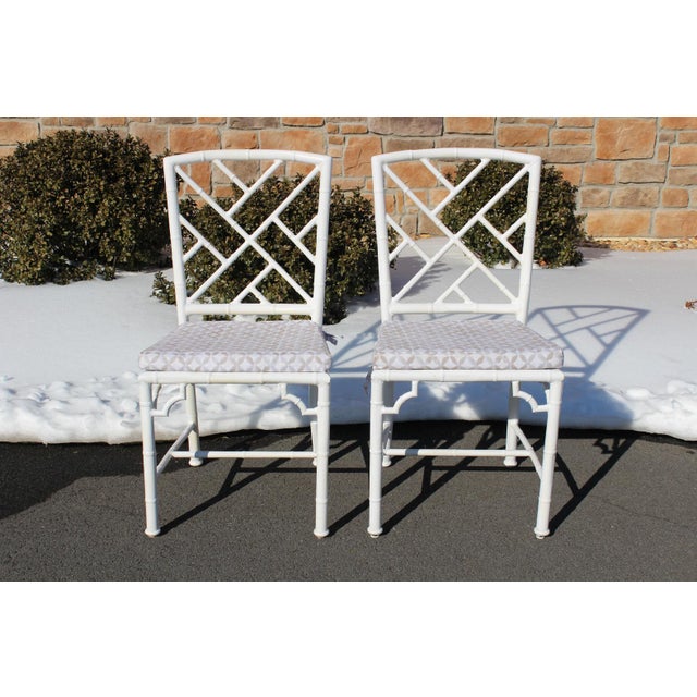 White Hollywood Regency Chinoiserie Faux Bamboo Aluminum Patio Chairs—Set of 6 For Sale - Image 8 of 18