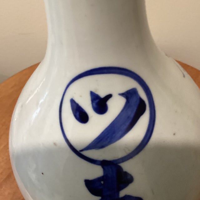Wood Antique Japanese Tokkuri (Sake Long Neck Bottle) W/ Blue Underglaze Calligraphy on Wood Base For Sale - Image 7 of 12