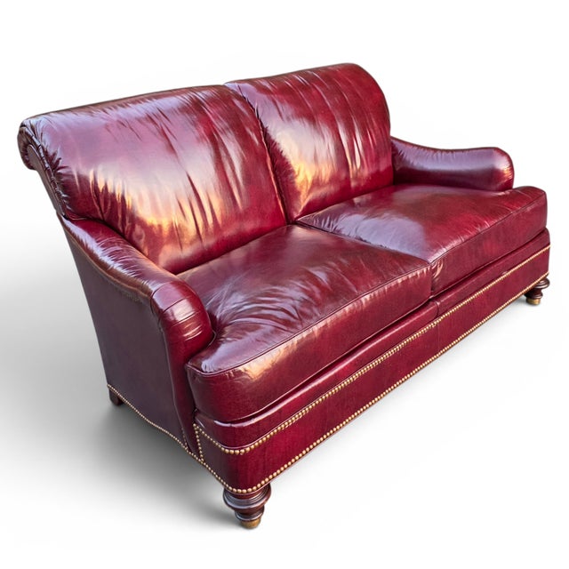 Late 20th Century Vintage Hickory Chair English Style Oxblood Leather Loveseat With Brass Nailhead Trim For Sale - Image 5 of 14