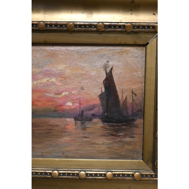 Ships at Sunset Oil Painting on Board For Sale - Image 4 of 6