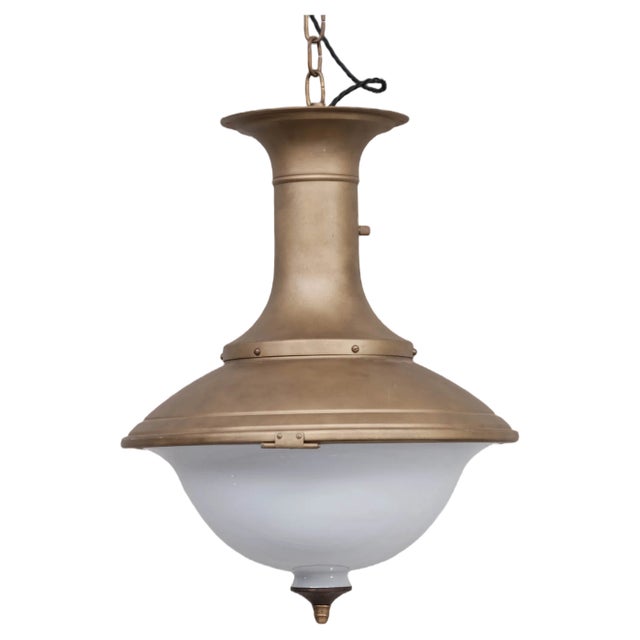 Brass & Opaline Large Pendant Lights, Set of 2 For Sale