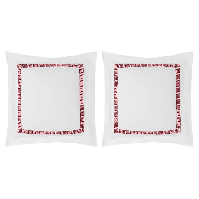Transitional Greek Key Euro Shams in Red - a Pair For Sale - Image 3 of 3