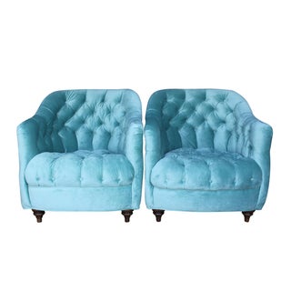 1960's Tufted Club Chairs W/Turned Legs - A Pair For Sale