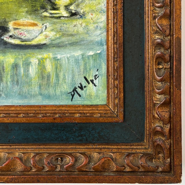 Rustic European Large Mid Century Copper Glazed Carved Wood Frame Featuring Impressionist Style Painting by Dt Volpe For Sale - Image 3 of 9