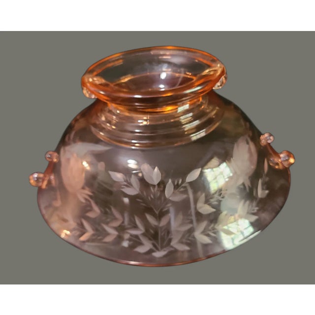 Pink Vintage Deco Depression Glass Imperial Pink Cut Floral Oval Footed Center Bowl For Sale - Image 8 of 9