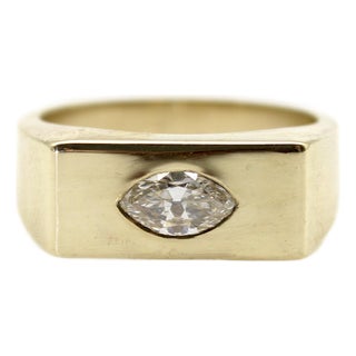 1990s 14k Gold Marquise Diamond Signet Ring, Size 6.5 For Sale