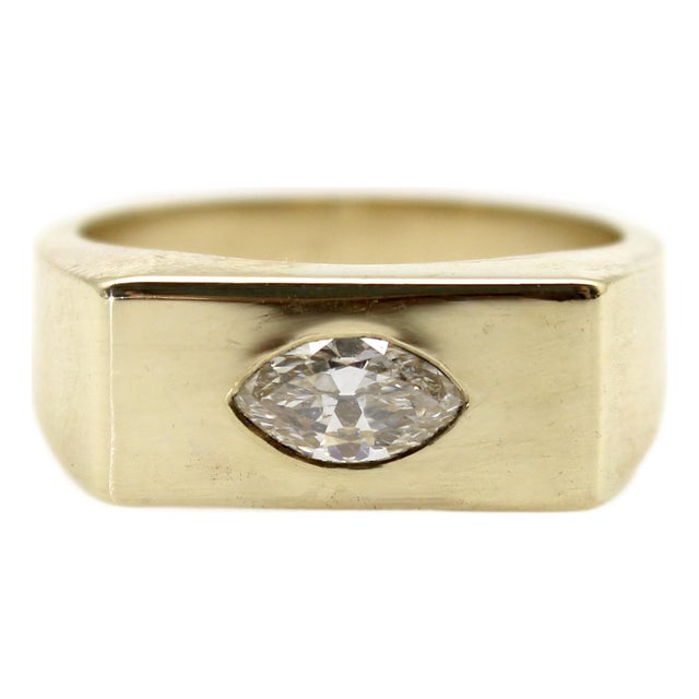 1990s 14k Gold Marquise Diamond Signet Ring, Size 6.5 For Sale
