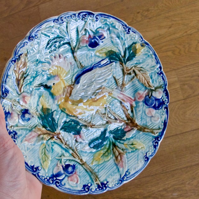 Ceramic Antique Bird Plate in Wasmüel Majolica, 1880 For Sale - Image 7 of 9