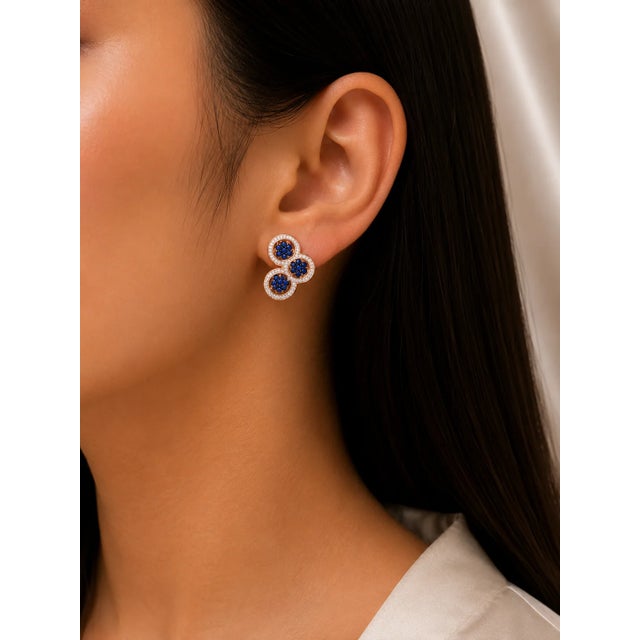 Modern Late 20th Century 14K Pink Rose Gold Diamond Sapphire Circle Huggie Earrings, Pair For Sale - Image 3 of 3