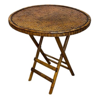 Vintage Tortoise Bamboo and Woven Rattan Folding Bistro Table For Sale