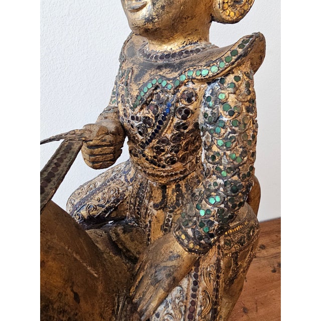 Large Antique Southeast Asian Burmese Thai Jeweled Carved Giltwood Figure on Horse Statue For Sale - Image 12 of 12
