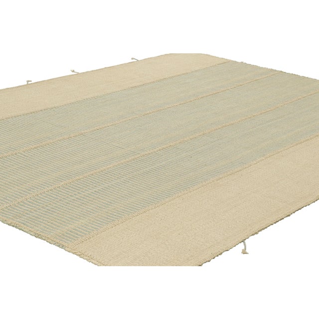 Rug & Kilim Rug & Kilim’s Contemporary Kilim in Cream White and Blue Textural Stripes For Sale - Image 4 of 6