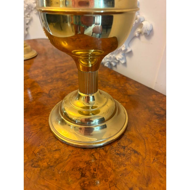 Gold Antique Edwardian Brass Oil Lamps with Opaline Glass Shades, 1900, Set of 2 For Sale - Image 8 of 10