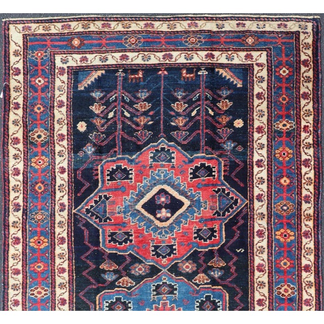 Navy Blue Antique Persian Kurdish Tribal Rug in Sub-Geometric Medallion Design 4'5 X 7'8 For Sale - Image 8 of 10