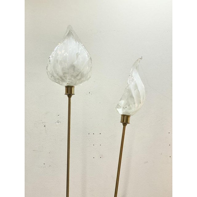 80s lamp from the 80s branded the Murrina, brass structure and glass diffusers in the shape of a white leaf and...