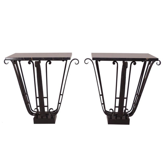 Metal Art Deco Console Tables in Wrought Iron with Portor Marble Top, 1930s, Set of 2 For Sale - Image 7 of 7